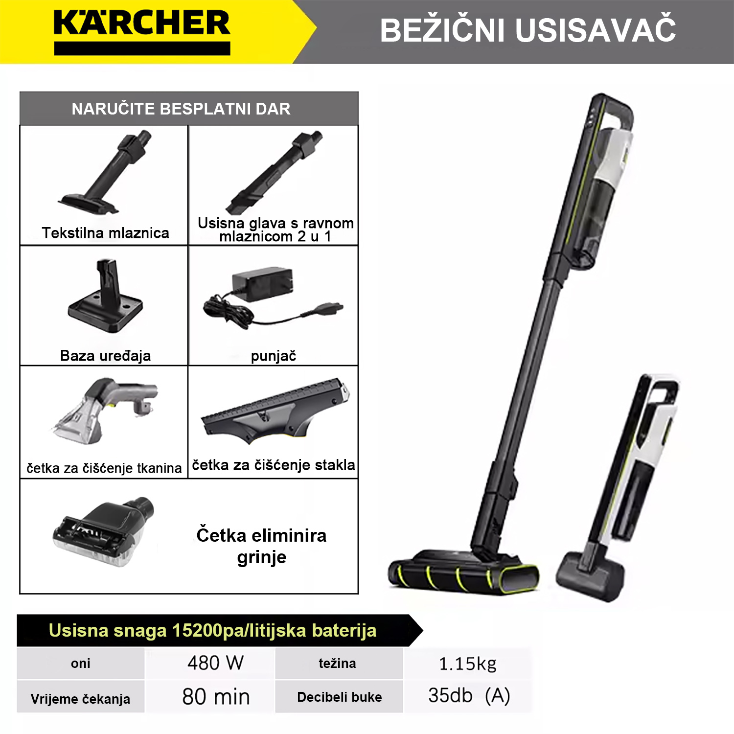 Karcher baterijski usisavač + 40000 o/min velika snaga + 15200 pa velika usisna snaga + samočišćenje + potisna šipka + baza za punjenje + četka za čišćenje